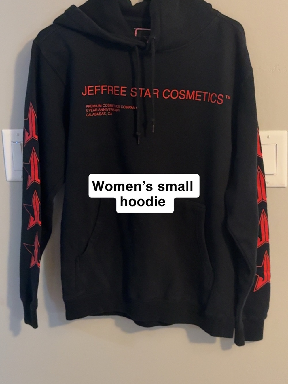 Jeffree Star Women's Black Hoodie with Red Sleeve Stars and Logo